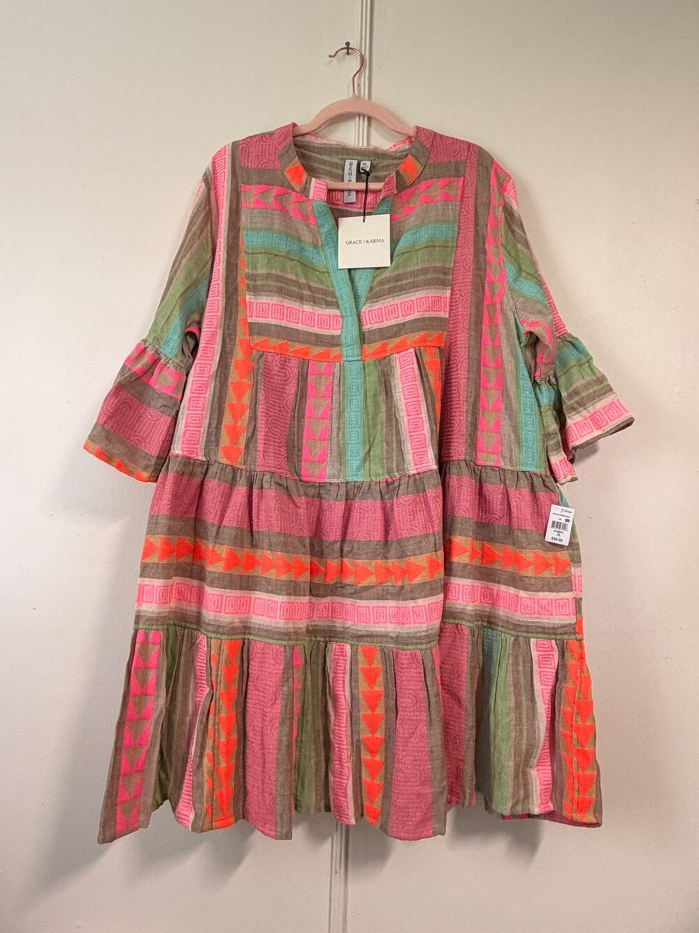 Grace + Karma Womens Striped Tiered Boho Dress XL NWT Embroidered Neon Pink Fest